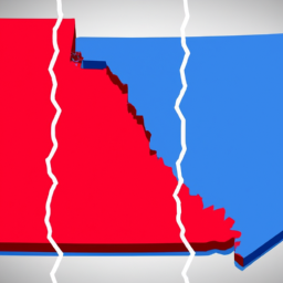 A red and blue state map divided by a white line, with a graph in the middle showing a financial trend.