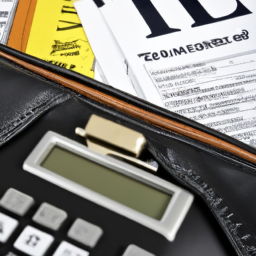 an image of a portfolio with a calculator and tax forms in the background. the portfolio contains a mix of municipal bonds, reits, and tax-exempt funds.