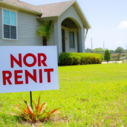 description: a photo of a rental property with a "for rent" sign in the front yard.