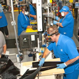 description: an image showcasing the manufacturing process of carbon fiber, with workers operating advanced machinery and handling carbon fiber materials. the image represents the cutting-edge technology and skilled workforce involved in velocity composites' manufacturing operations.