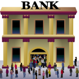 An image of a bank building with a crowd of people outside.