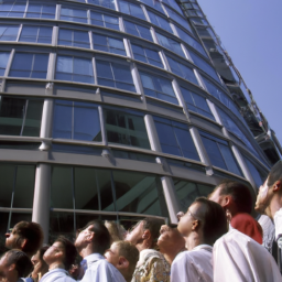 description: A crowd of people standing in front of a modern office building, looking upward. The building has glass windows and a sleek, modern design.