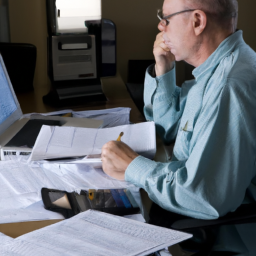 the image shows a person sitting at a desk, looking at a computer screen with a calculator and papers spread out in front of them. they appear to be deep in thought, possibly considering their retirement savings plan.