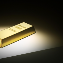 A gold bar sitting on a dark background with a spotlight shining on it.