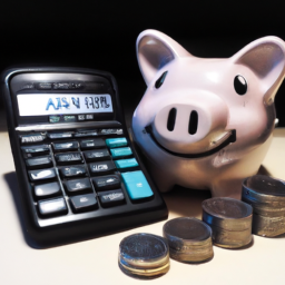 description: a piggy bank with a calculator on top and a stack of coins beside it, representing the importance of calculating apy for maximum savings potential.