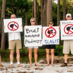 description: a photo of a group of hilton head residents holding protest signs and standing in front of a construction site. the signs say "save our island," "protect our environment," and "no to bailey point investment."