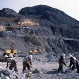 description: a picture of a lithium mine with miners at work. the miners are wearing hard hats and mining equipment, and the mine is in a remote location with mountains in the background.