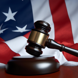 A gavel is in the center of the image with a flag in the background.