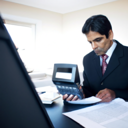 a business owner sitting at a desk with a calculator in front of them, looking at paperwork.