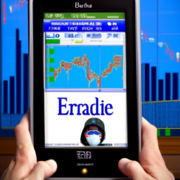 description: a stock market graph with an anonymous person using a mobile device to access e*trade's platform.