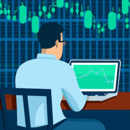 Description: An investor sitting in front of a laptop and running simulations of different types of investments.