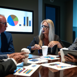 description: the image shows a group of business professionals discussing investment strategies in a meeting room. they are analyzing charts and graphs while engaged in a lively conversation.